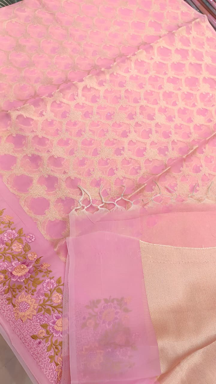 Pink Kota Tissue Saree with Embroidery Border | Manglam Banaras