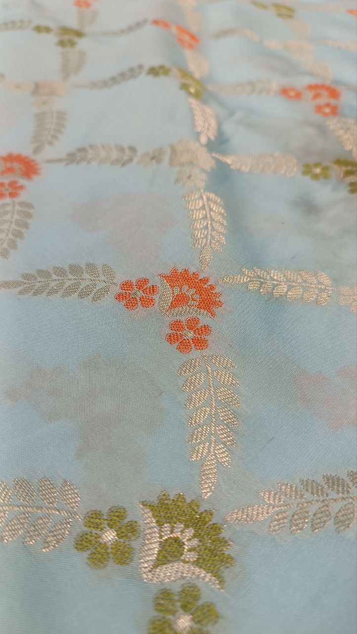 Sky Blue Floral Booti Silk Saree | Manglam Banaras