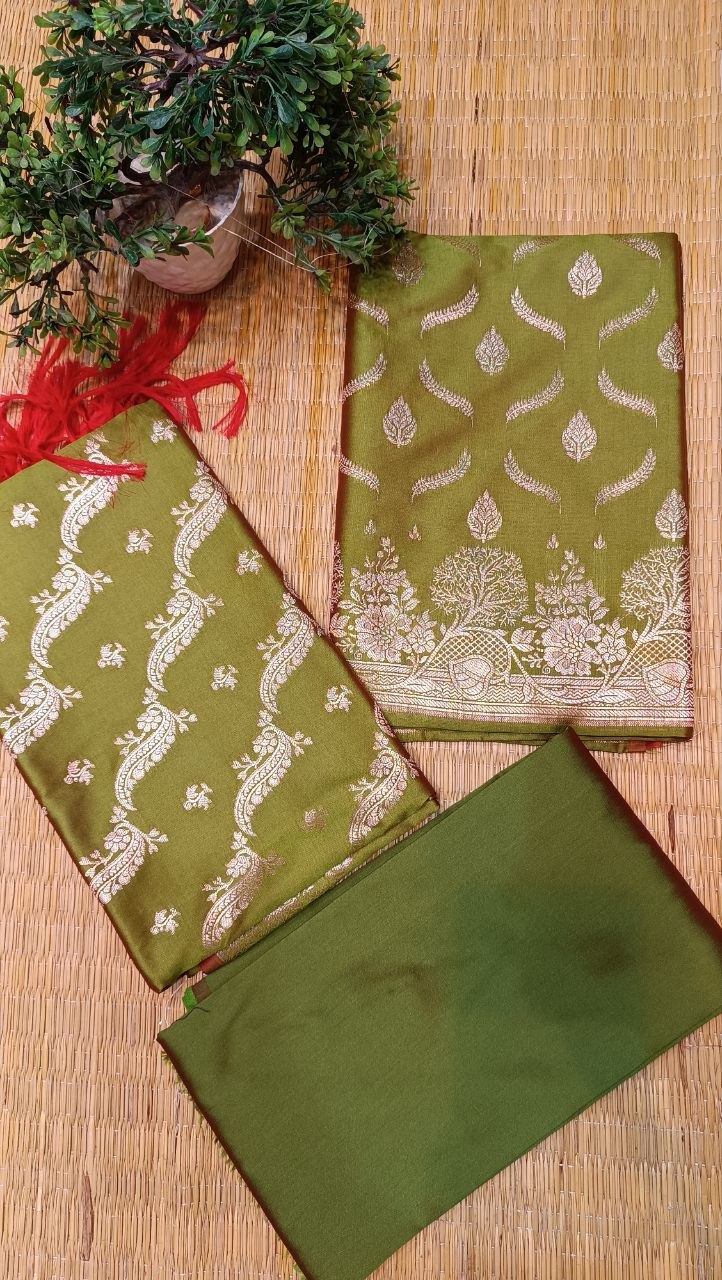 Olive Green Banarasi Silk Aarohi Suit Fabric with Zari Work | 3 Pcs Unstitched Set