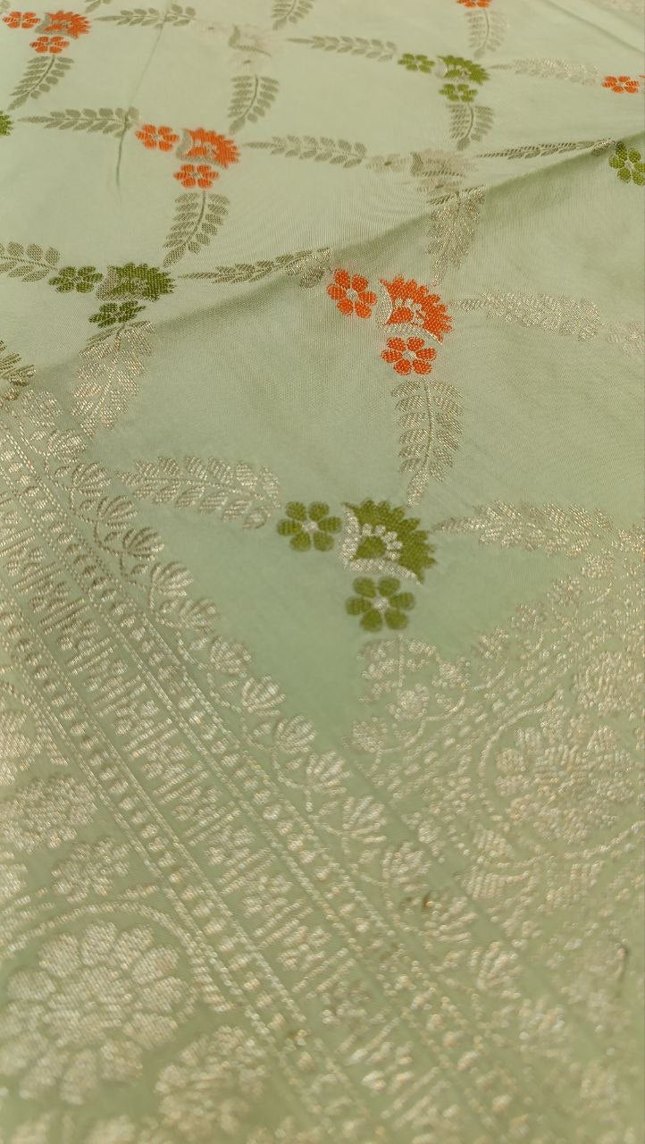 Mint Green Floral Booti Silk Saree | Manglam Banaras