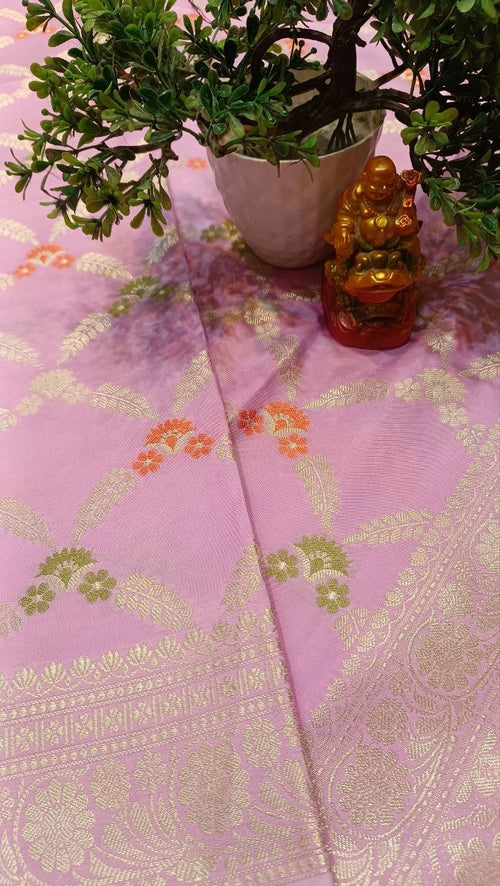 Baby Pink Floral Booti Silk Saree with Golden Zari Weaving — Manglam Banaras Varanasi