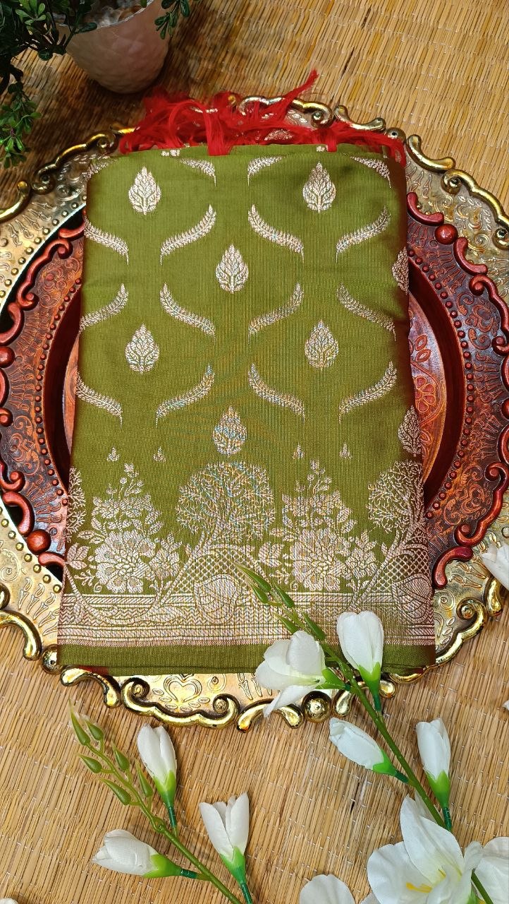 Olive Green Banarasi Silk Aarohi Suit Fabric with Zari Work | 3 Pcs Unstitched Set