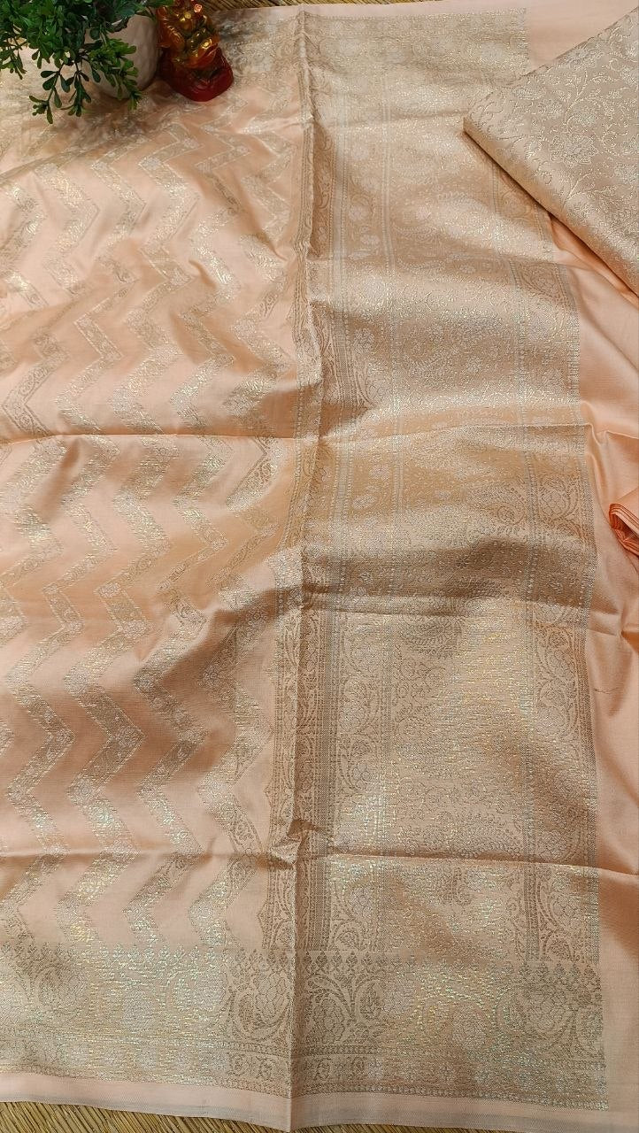 Peach Banarasi Silk Suit Fabric with All Over Zari Work | 3 Pcs Unstitched Set