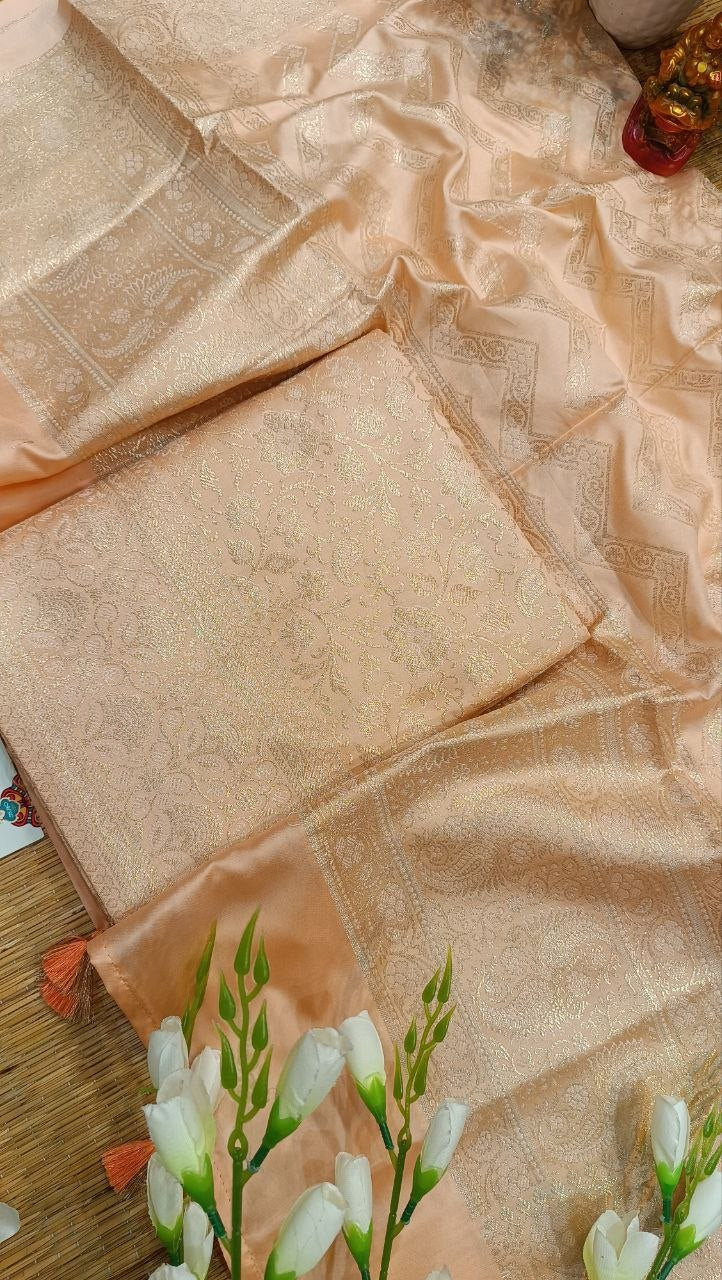Peach Banarasi Silk Suit Fabric with All Over Zari Work | 3 Pcs Unstitched Set