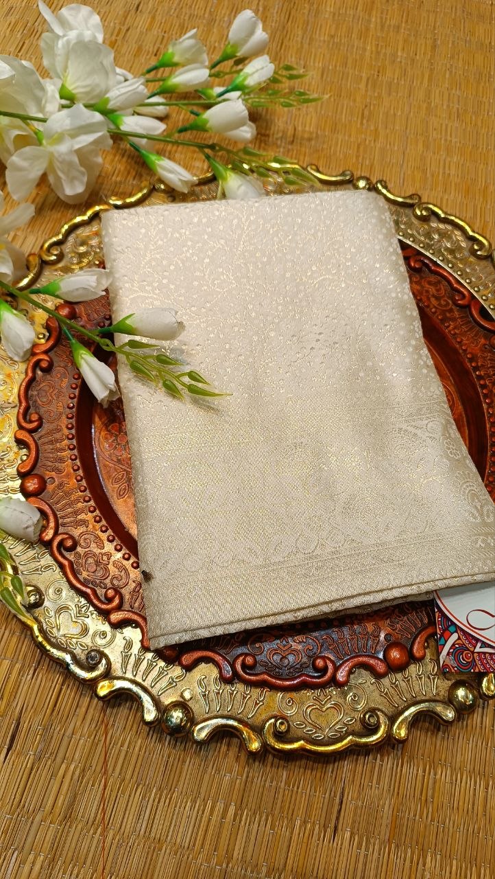 Cream Banarasi Silk Suit Fabric with All Over Zari Work | 3 Pcs Unstitched Set
