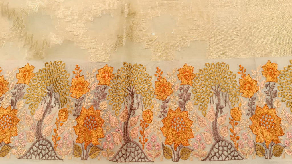 Cream Kota Tissue Saree with Embroidery Border | Buy Online — Manglam Banaras, Varanasi