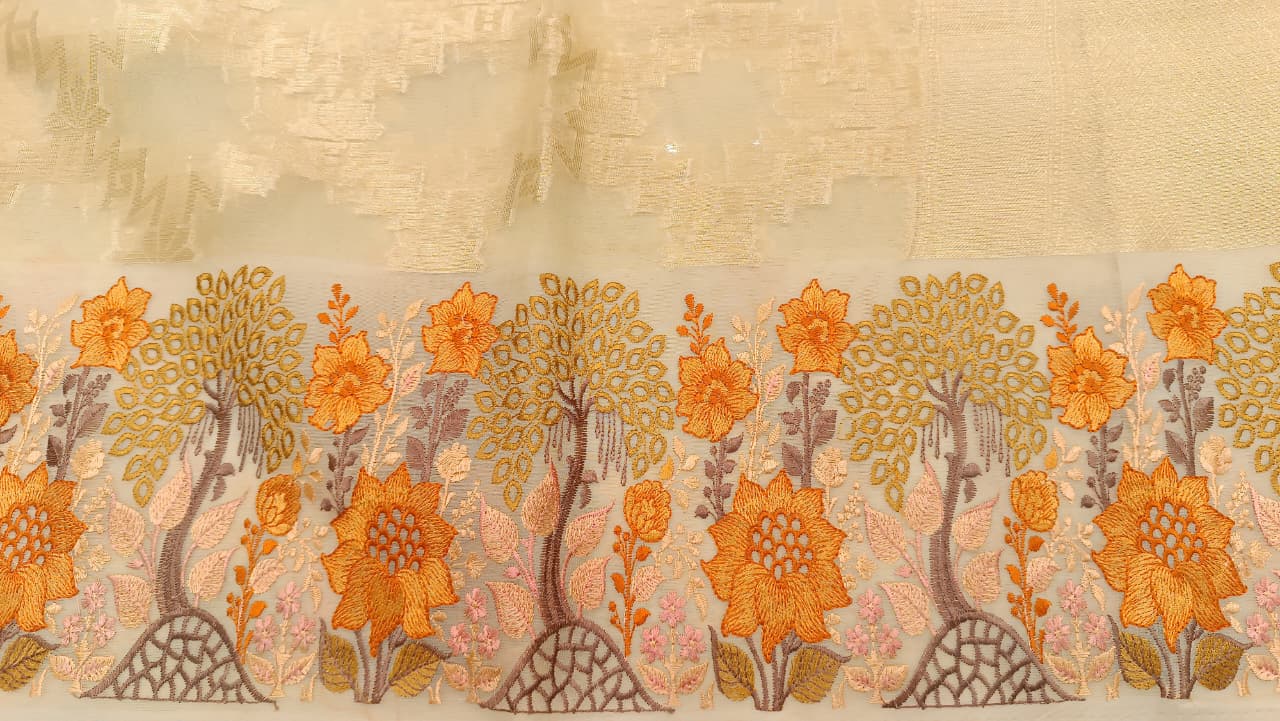 Cream Kota Tissue Saree with Embroidery Border | Buy Online — Manglam Banaras, Varanasi