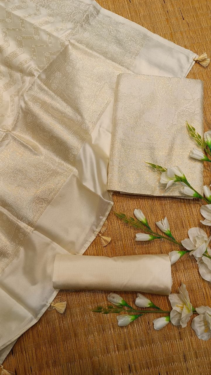 Ivory Banarasi Silk Suit Fabric with All Over Zari Work | 3 Pcs Unstitched Set