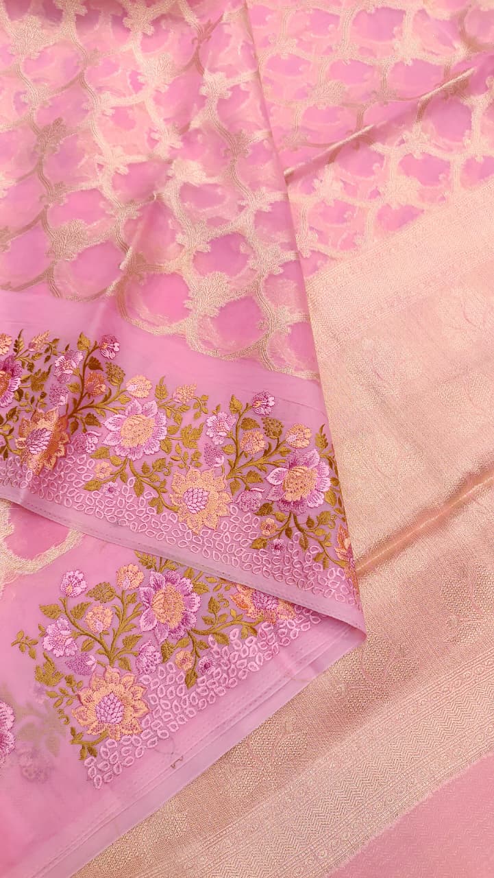 Pink Kota Tissue Saree with Embroidery Border | Manglam Banaras