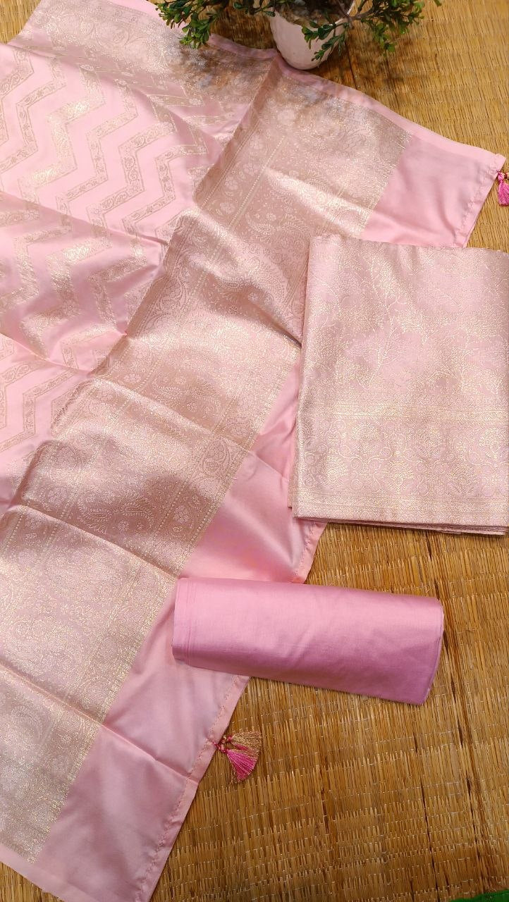 Baby Pink Banarasi Silk Suit Fabric with All Over Zari Work | 3 Pcs Unstitched Set