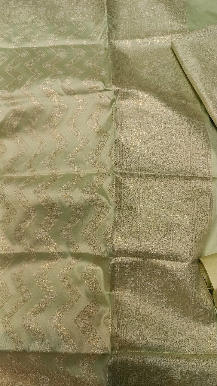 Mint Green Banarasi Silk Suit Fabric with All Over Zari Work | 3 Pcs Unstitched Set