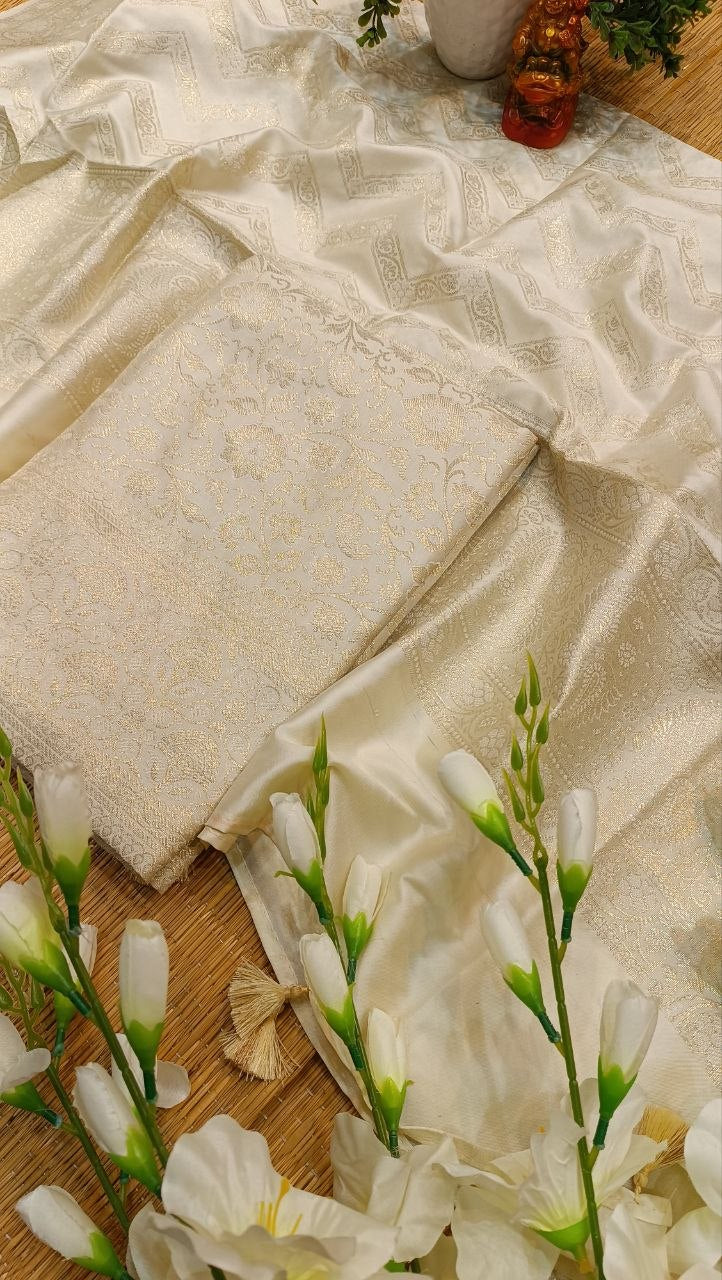 Cream Banarasi Silk Suit Fabric with All Over Zari Work | 3 Pcs Unstitched Set