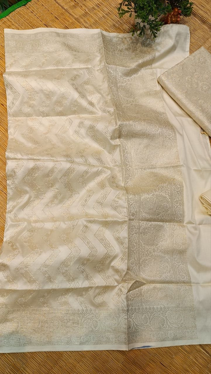 Cream Banarasi Silk Suit Fabric with All Over Zari Work | 3 Pcs Unstitched Set