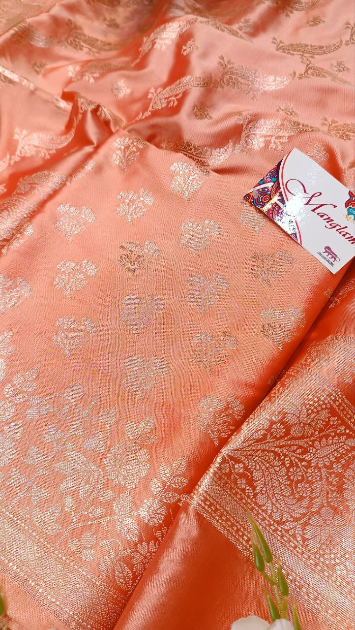 Salmon Pink Banarasi Silk Suit Fabric with All Over Zari Work | 3 Pcs Unstitched Set