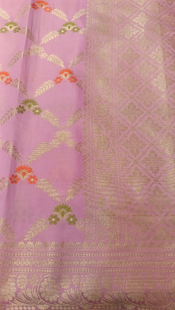 Baby Pink Floral Booti Silk Saree | Manglam Banaras Varanasi