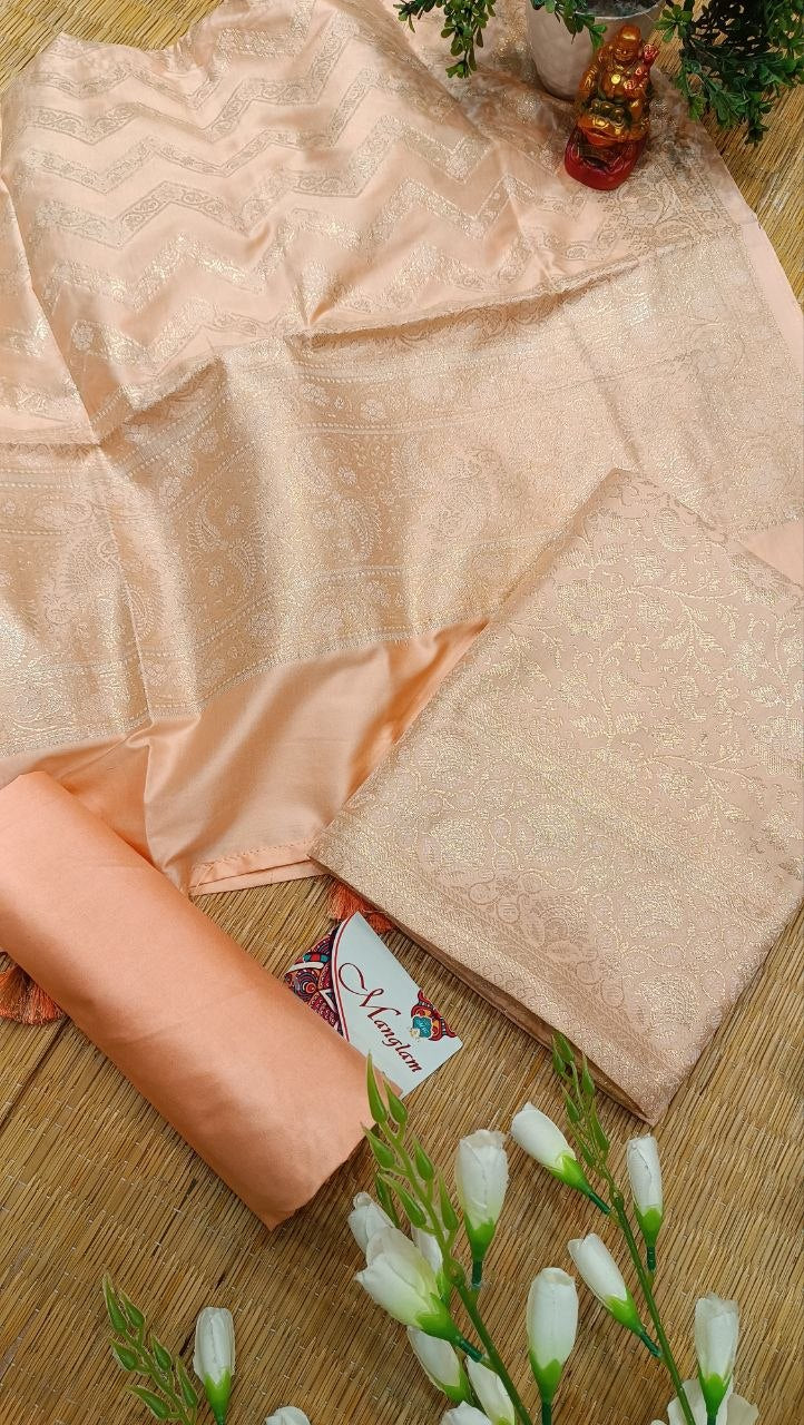 Peach Banarasi Silk Suit Fabric with All Over Zari Work | 3 Pcs Unstitched Set