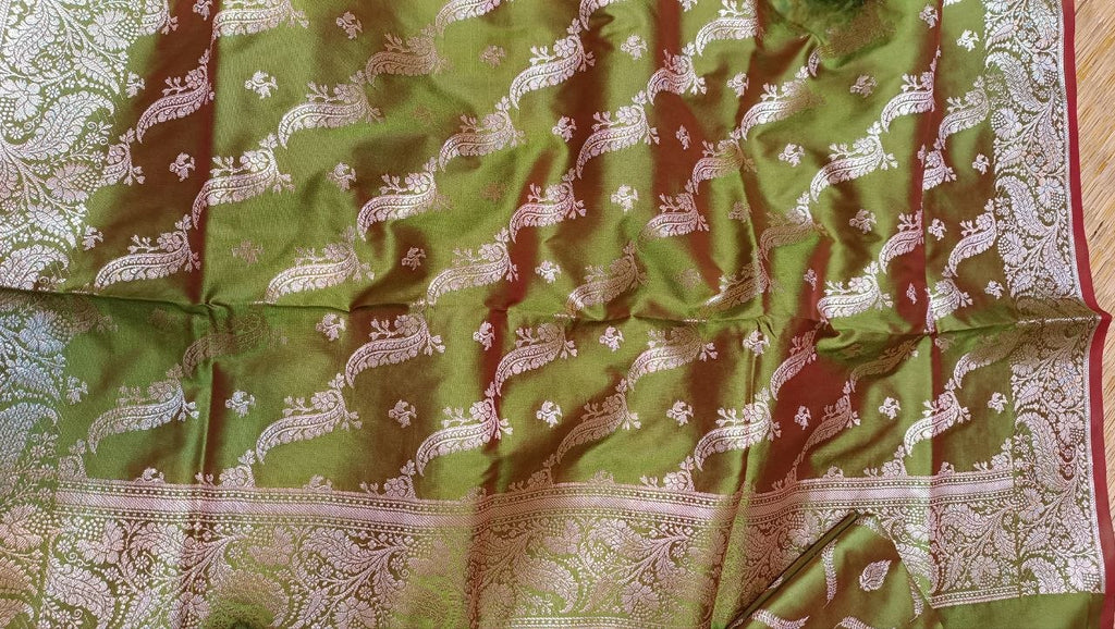 Olive Green Banarasi Silk Aarohi Suit Fabric with Zari Work | 3 Pcs Unstitched Set
