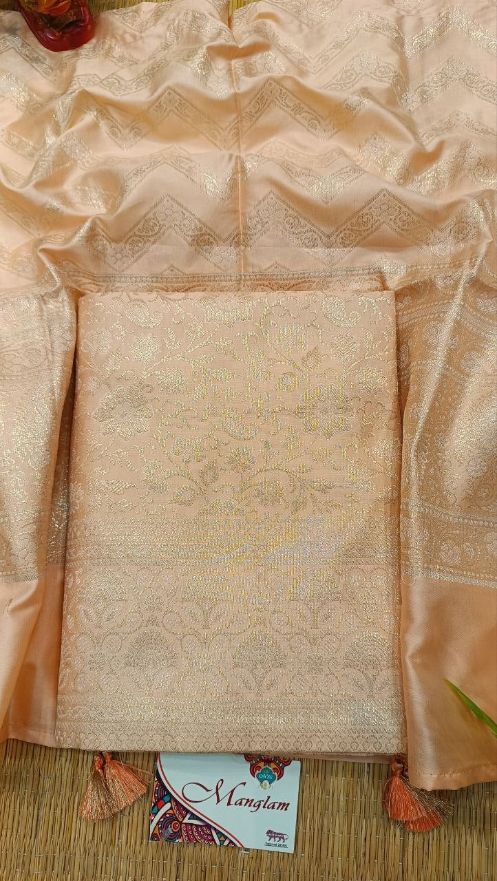 Peach Banarasi Silk Suit Fabric with All Over Zari Work | 3 Pcs Unstitched Set