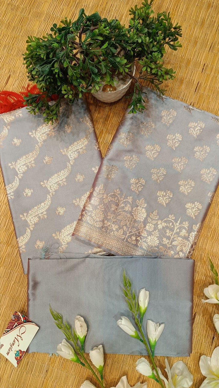 Steel Blue Banarasi Silk Suit Fabric with All Over Zari Work | 3 Pcs Unstitched Set