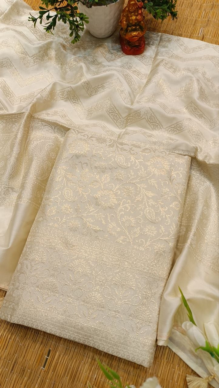Cream Banarasi Silk Suit Fabric with All Over Zari Work | 3 Pcs Unstitched Set