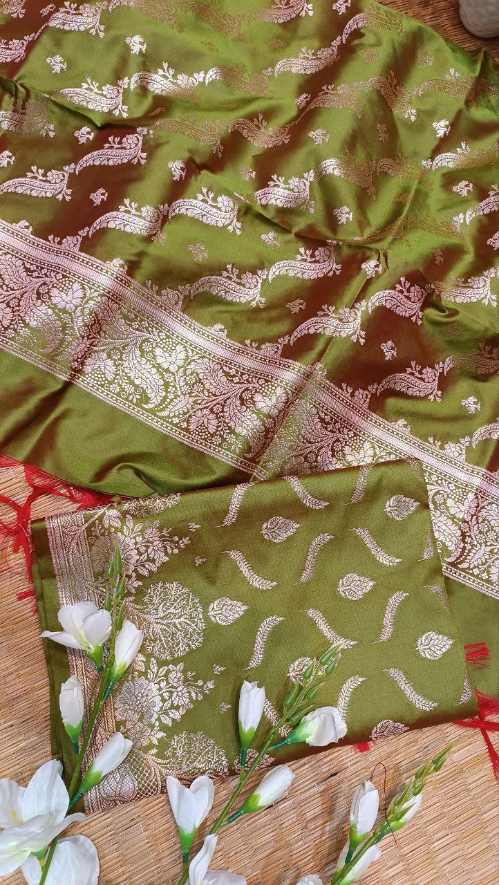 Olive Green Banarasi Silk Aarohi Suit Fabric with Zari Work | 3 Pcs Unstitched Set