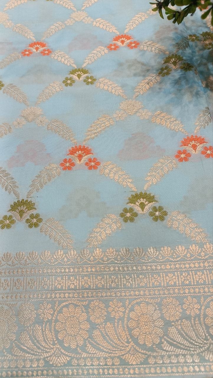 Sky Blue Floral Booti Silk Saree | Manglam Banaras