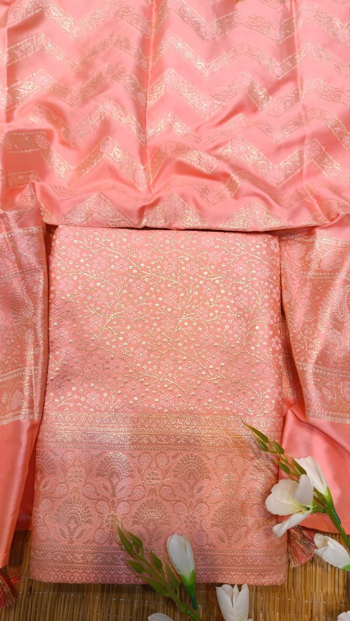 Pink Banarasi Silk Suit Fabric with All Over Zari Work | 3 Pcs Unstitched Set