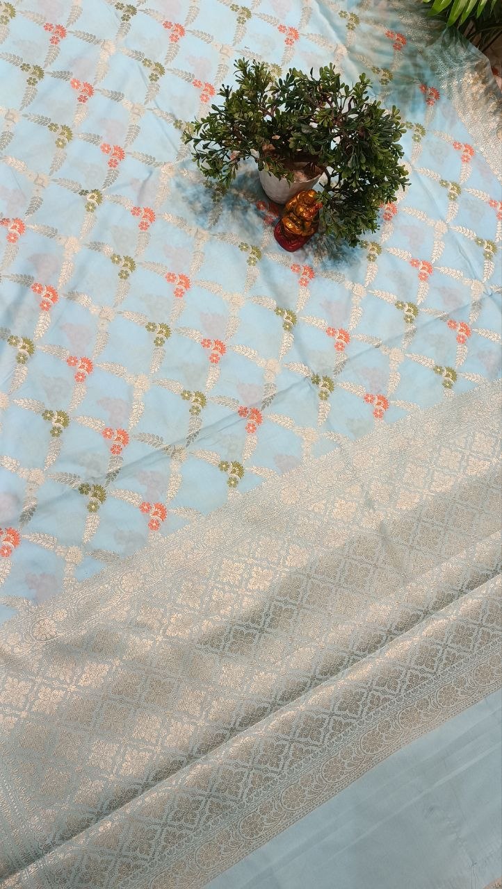 Sky Blue Floral Booti Silk Saree | Manglam Banaras