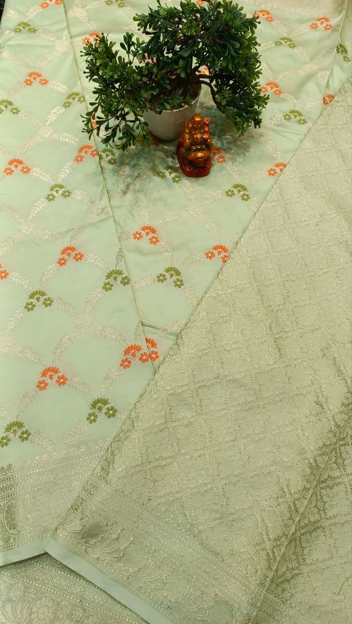 Mint Green Floral Booti Silk Saree | Manglam Banaras