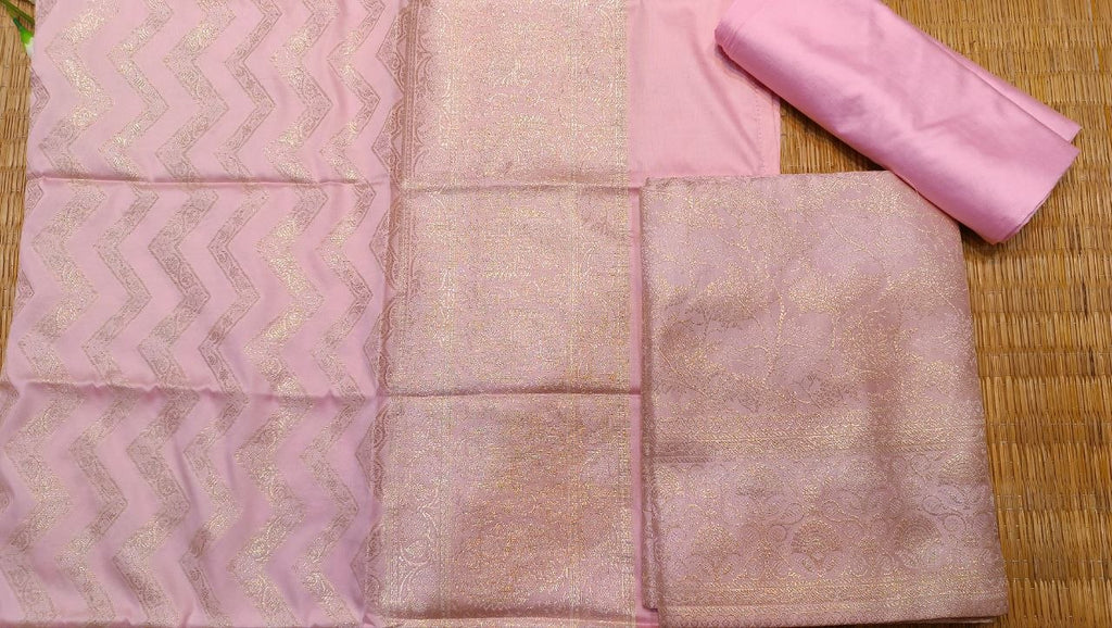 Baby Pink Banarasi Silk Suit Fabric with All Over Zari Work | 3 Pcs Unstitched Set