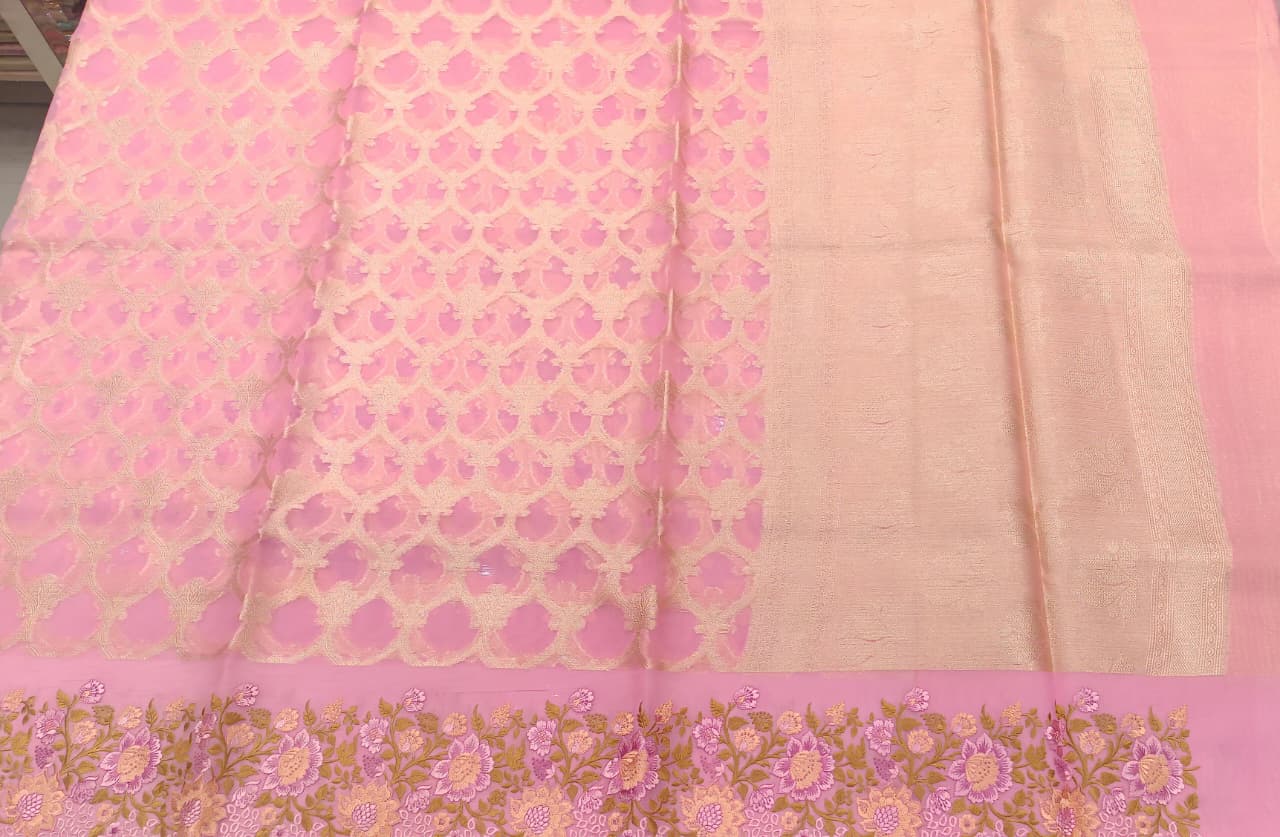 Pink Kota Tissue Saree with Embroidery Border | Manglam Banaras