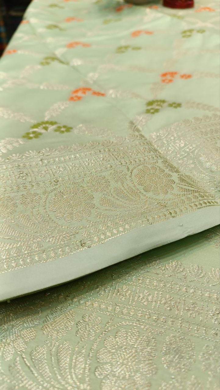 Mint Green Floral Booti Silk Saree | Manglam Banaras
