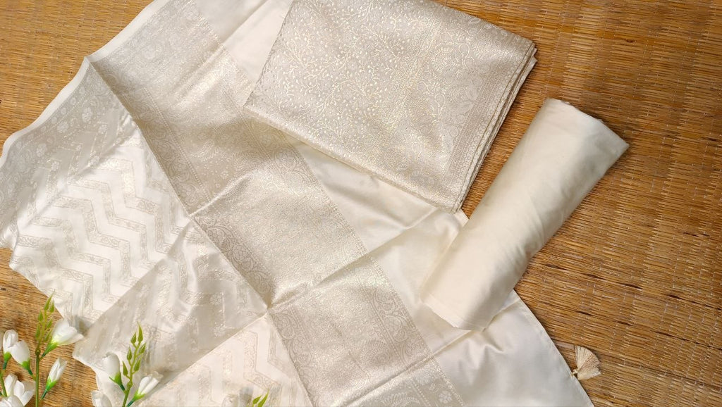 Cream Banarasi Silk Suit Fabric with All Over Zari Work | 3 Pcs Unstitched Set