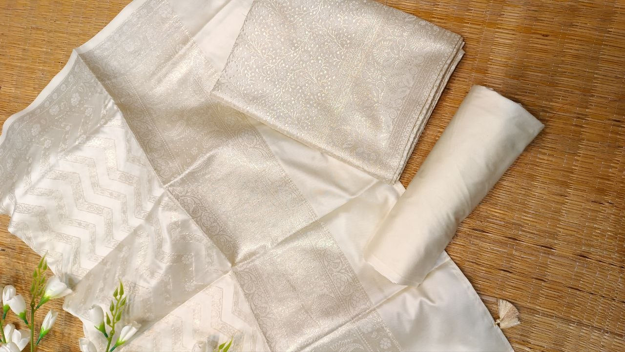 Cream Banarasi Silk Suit Fabric with All Over Zari Work | 3 Pcs Unstitched Set