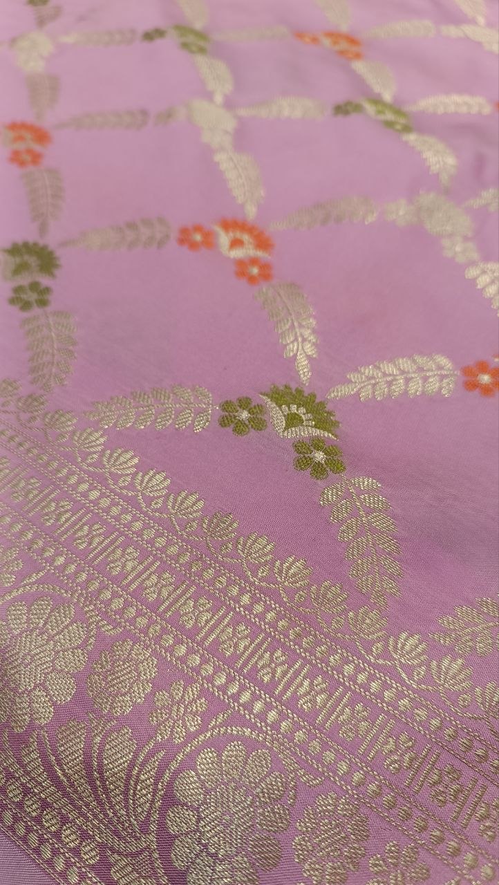 Baby Pink Floral Booti Silk Saree | Manglam Banaras Varanasi