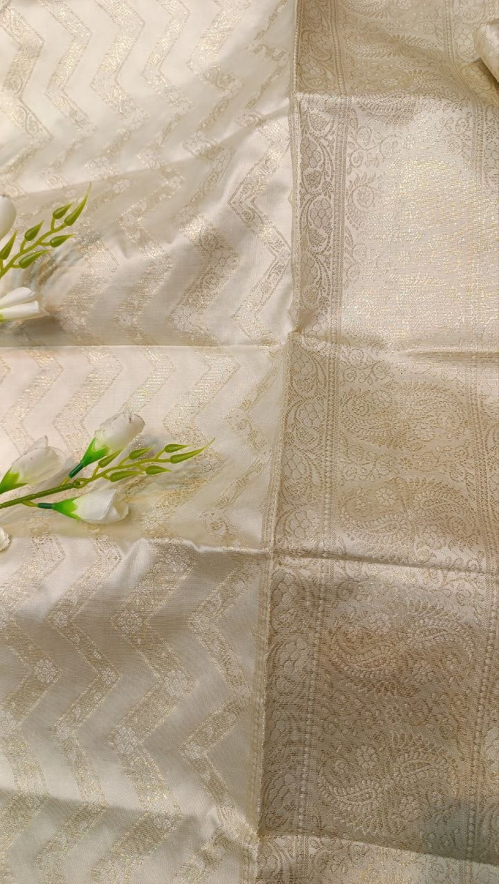 Cream Banarasi Silk Suit Fabric with All Over Zari Work | 3 Pcs Unstitched Set