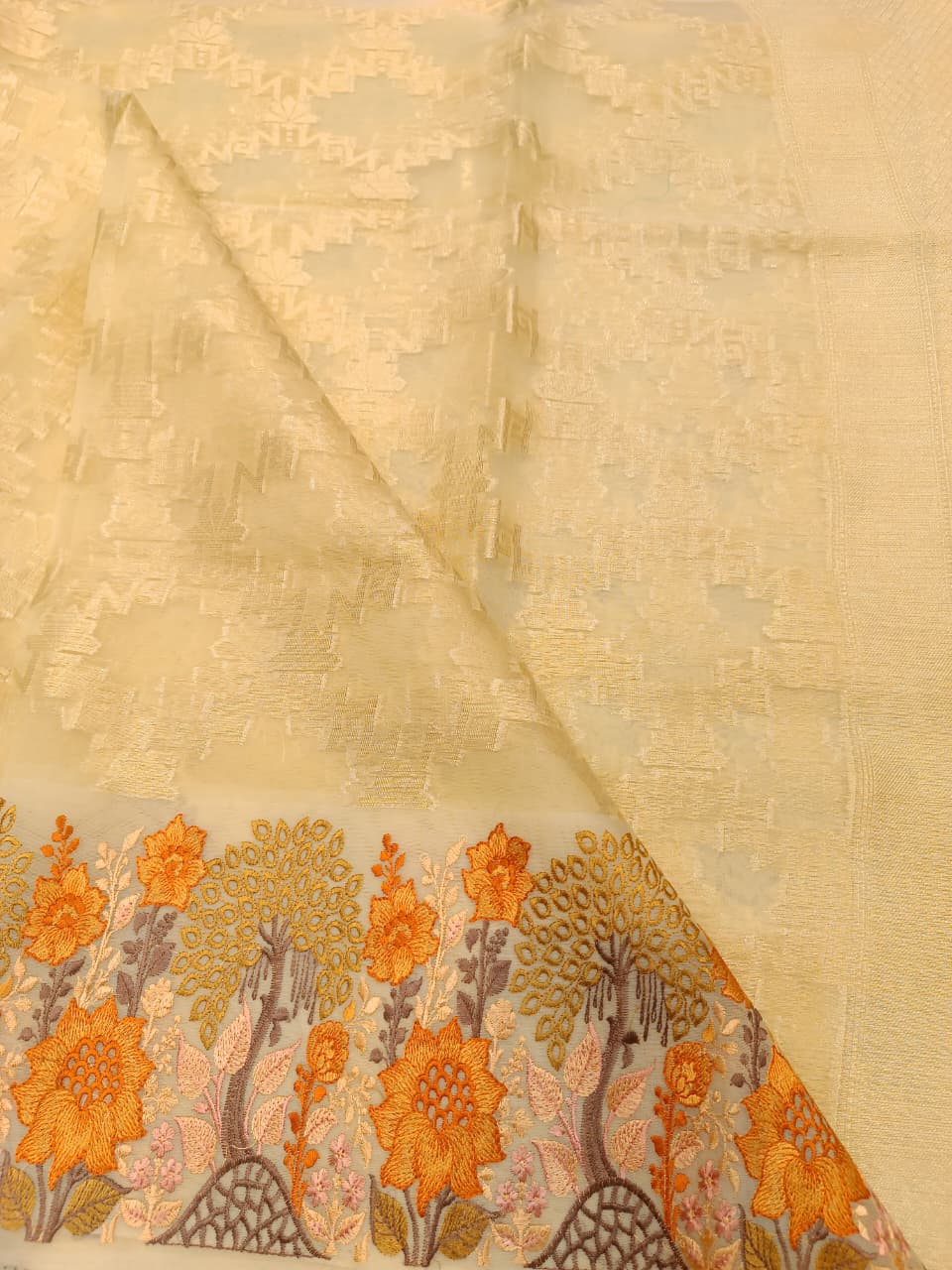 Cream Kota Tissue Saree with Embroidery Border | Buy Online — Manglam Banaras, Varanasi