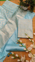 Sky Blue Banarasi Silk Suit Fabric with All Over Zari Work | 3 Pcs Unstitched Set