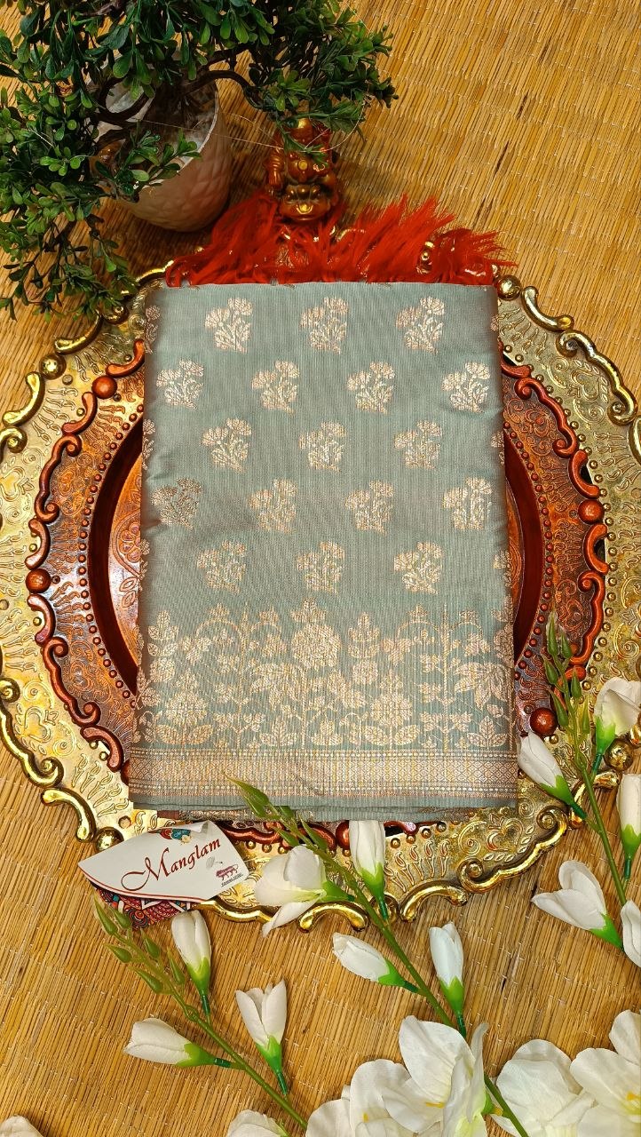 Sage Green Banarasi Silk Suit Fabric with All Over Zari Booti | 3 Pcs Unstitched Set