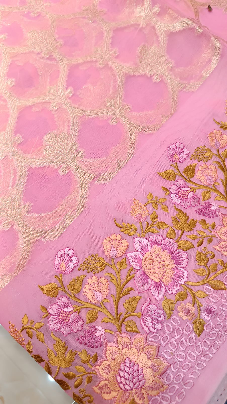 Pink Kota Tissue Saree with Embroidery Border | Manglam Banaras