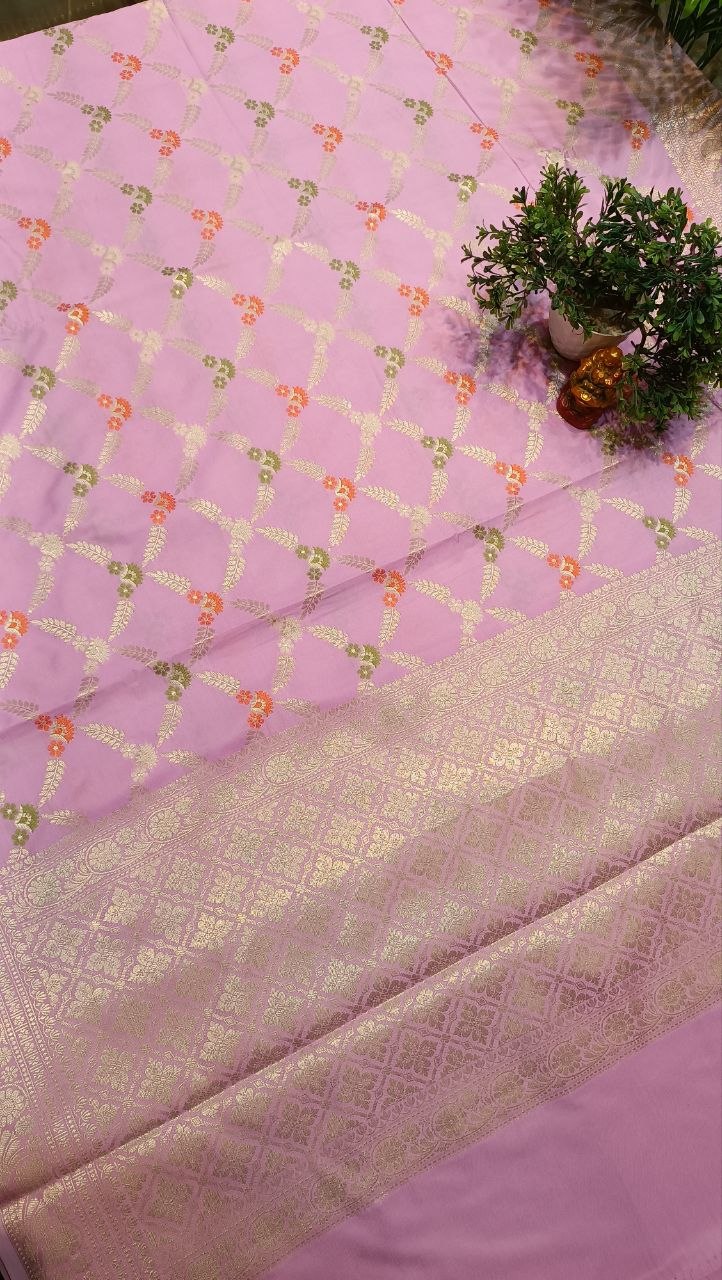 Baby Pink Floral Booti Silk Saree | Manglam Banaras Varanasi