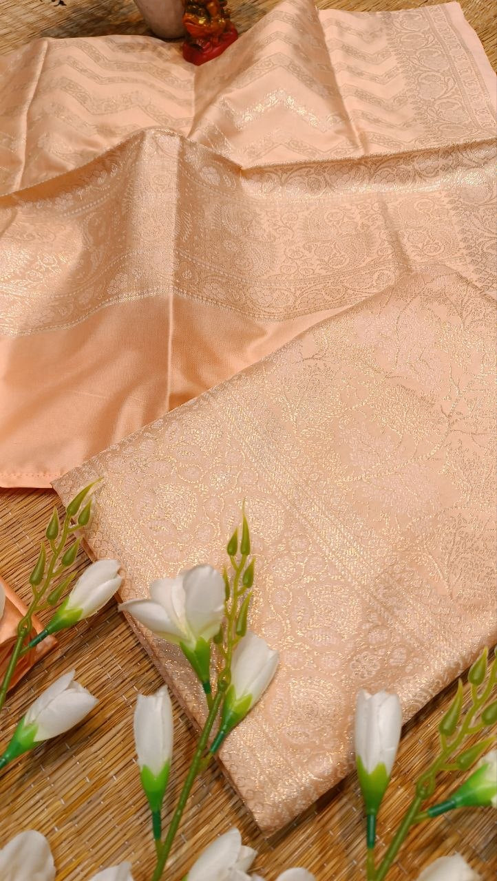Golden Peach Banarasi Silk Suit Fabric with All Over Zari Work | 3 Pcs Unstitched Set