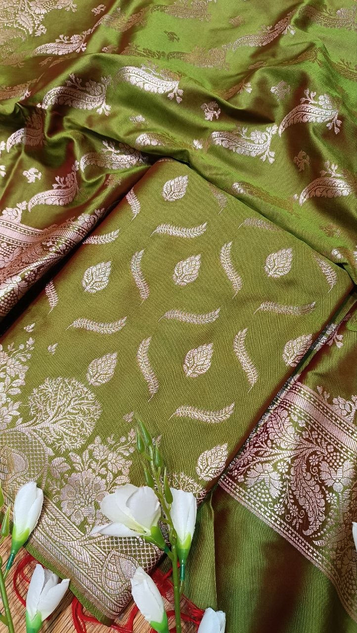 Olive Green Banarasi Silk Aarohi Suit Fabric with Zari Work | 3 Pcs Unstitched Set