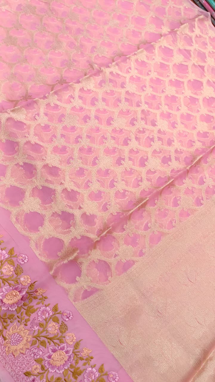Pink Kota Tissue Saree with Embroidery Border | Manglam Banaras