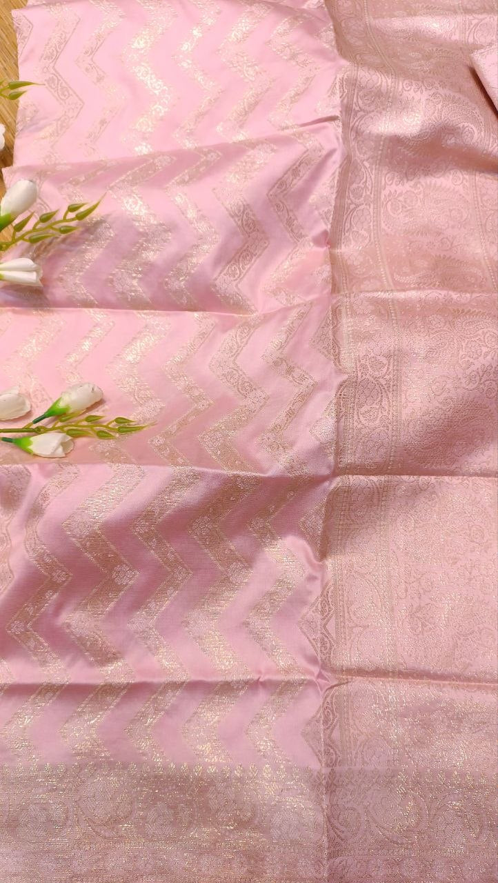 Baby Pink Banarasi Silk Suit Fabric with All Over Zari Work | 3 Pcs Unstitched Set