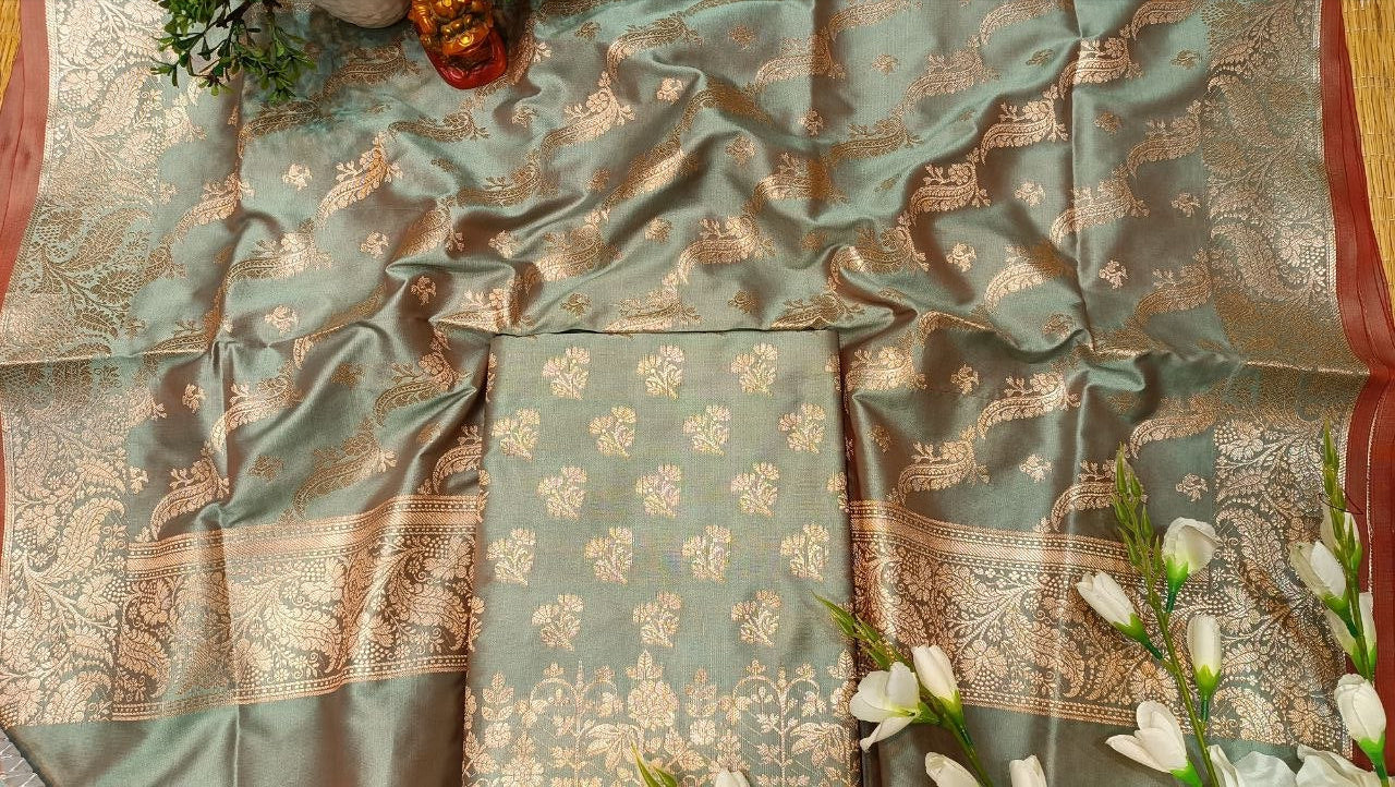 Sage Green Banarasi Silk Suit Fabric with All Over Zari Booti | 3 Pcs Unstitched Set