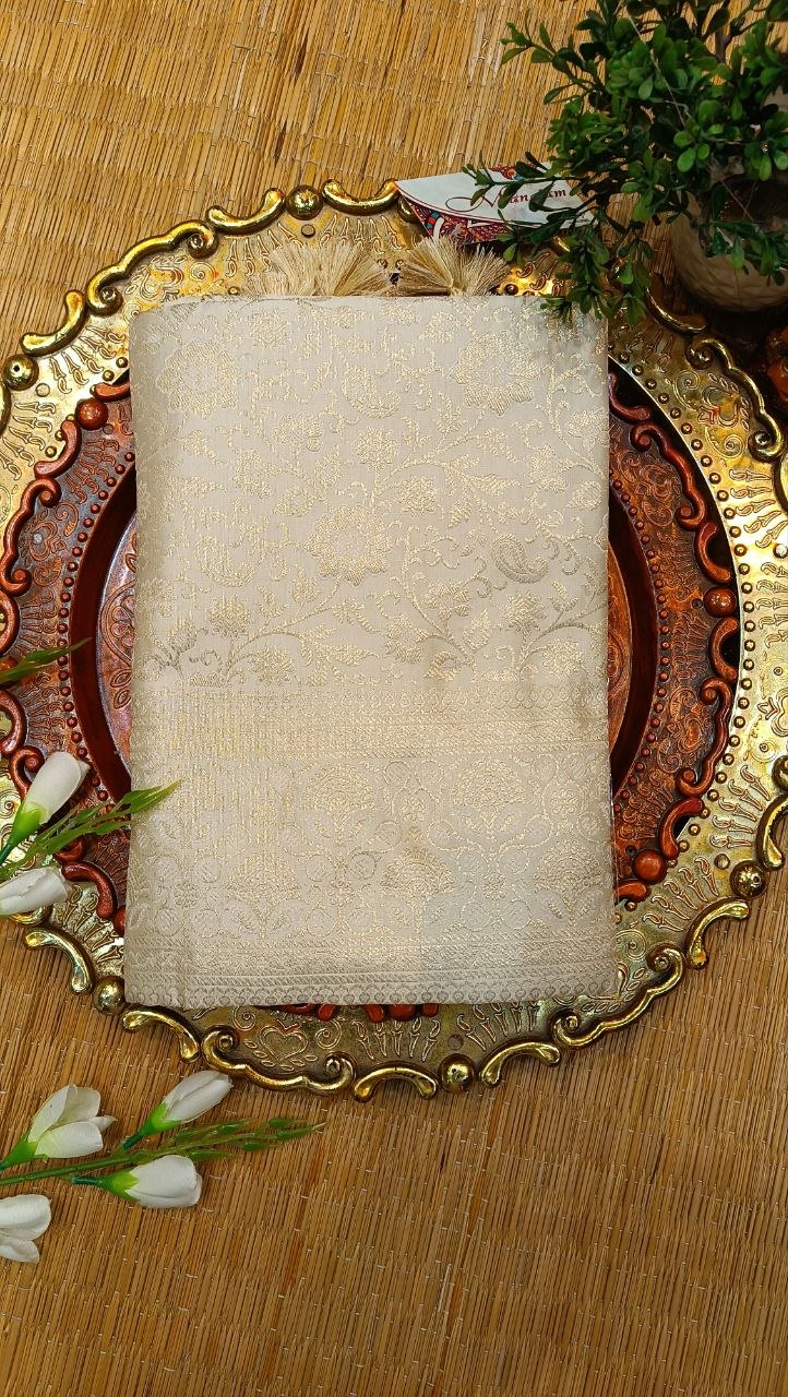 Cream Banarasi Silk Suit Fabric with All Over Zari Work | 3 Pcs Unstitched Set