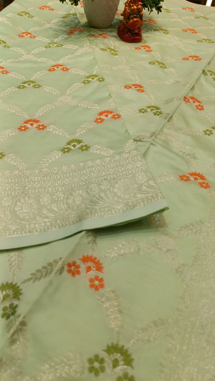 Mint Green Floral Booti Silk Saree | Manglam Banaras