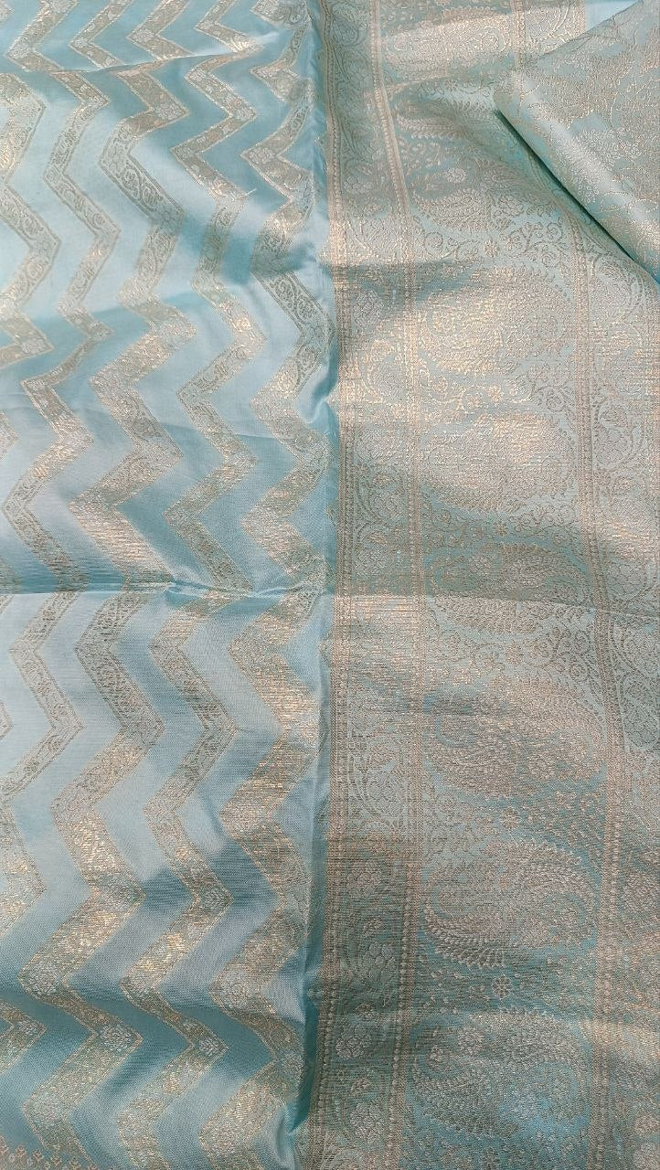 Sky Blue Banarasi Silk Suit Fabric with All Over Zari Work | 3 Pcs Unstitched Set