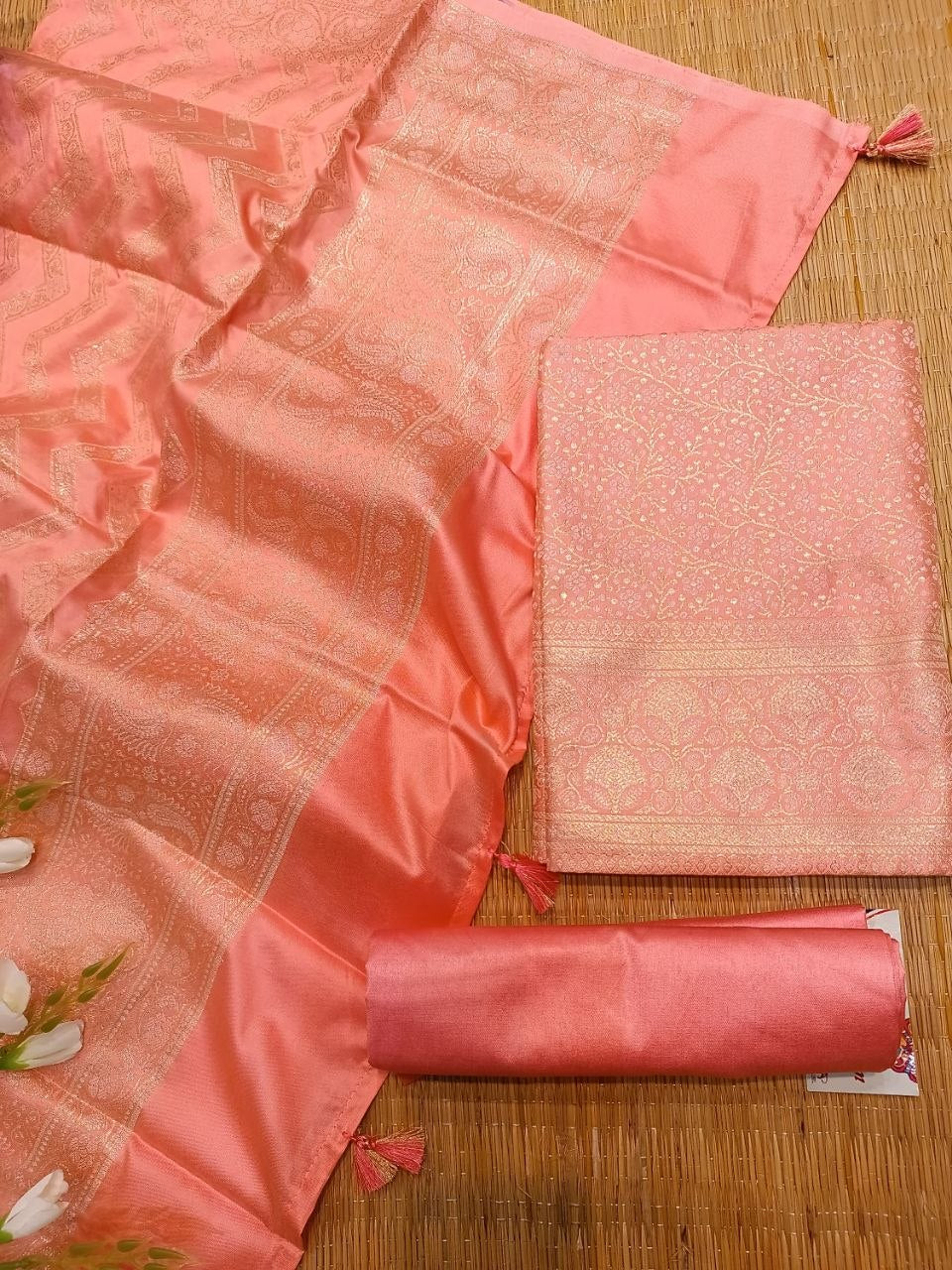 Pink Banarasi Silk Suit Fabric with All Over Zari Work | 3 Pcs Unstitched Set